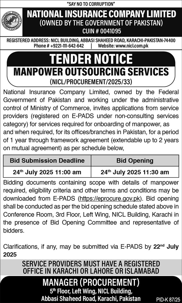 National Insurance Company Limited Karachi Tender Notice